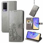 For vivo V21e 5G Four-leaf Clasp Embossed Leather Case with Lanyard & Card Slot & Wallet & Holder(Grey)