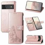 For Google Pixel 6 Four-leaf Clasp Embossed Leather Case with Lanyard & Card Slot & Wallet & Holder(Rose Gold)