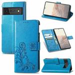 For Google Pixel 6 Four-leaf Clasp Embossed Leather Case with Lanyard & Card Slot & Wallet & Holder(Blue)