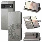 For Google Pixel 6 Four-leaf Clasp Embossed Leather Case with Lanyard & Card Slot & Wallet & Holder(Grey)