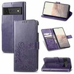 For Google Pixel 6 Four-leaf Clasp Embossed Leather Case with Lanyard & Card Slot & Wallet & Holder(Purple)