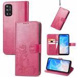 For DOOGEE N40 Pro Four-leaf Clasp Embossed Leather Case with Lanyard & Card Slot & Wallet & Holder(Magenta)