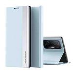 For Xiaomi Mi 11T / 11T Pro Side Electroplated Magnetic Ultra-Thin Horizontal Flip Leather Case with Holder(Light Blue)