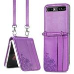 For Samsung Galaxy Z Flip 5G Diagonal Lanyard Embossed Card Phone Case(Purple)