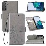 For Samsung Galaxy S22+ 5G Four-leaf Clasp Embossed Leather Phone Case with Lanyard & Card Slot & Wallet & Bracket Function(Grey)