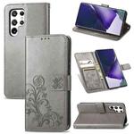 For Samsung Galaxy S22 Ultra 5G Four-leaf Clasp Embossed Leather Phone Case with Lanyard & Card Slot & Wallet & Bracket Function(Grey)