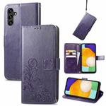 For Samsung Galaxy A13 5G Four-leaf Clasp Embossed Leather Phone Case with Lanyard & Card Slot & Wallet & Bracket Function(Purple)