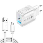 PD25W USB-C / Type-C + QC3.0 USB Dual Ports Fast Charger with USB to Micro USB Data Cable, EU Plug(White)