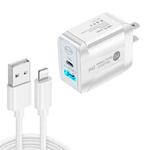 PD25W USB-C / Type-C + QC3.0 USB Dual Ports Fast Charger with USB to 8 Pin Data Cable, US Plug(White)