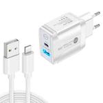 PD25W USB-C / Type-C + QC3.0 USB Dual Ports Fast Charger with USB to 8 Pin Data Cable, EU Plug(White)