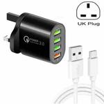QC-04 QC3.0 + 3 x USB2.0 Multi-ports Charger with 3A USB to Type-C Data Cable, UK Plug(Black)
