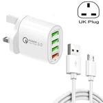 QC-04 QC3.0 + 3 x USB2.0 Multi-ports Charger with 3A USB to Micro USB Data Cable, UK Plug(White)