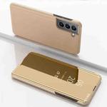 For Samsung Galaxy S22 5G Plated Mirror Horizontal Flip Leather Case with Holder(Gold)