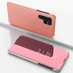 For Samsung Galaxy S22 Ultra 5G Plated Mirror Horizontal Flip Leather Case with Holder(Rose Gold)