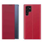For Samsung Galaxy S22 Ultra 5G Side Display Magnetic Flip Plain Cloth + PC Case with Holder & Sleep / Wake-up Function(Red)