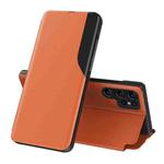For Samsung Galaxy S22 Ultra 5G Side Display  Shockproof Horizontal Flip Leather Case with Holder(Orange)