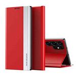 For Samsung Galaxy S22 Ultra 5G Side Electroplated Magnetic Ultra-Thin Horizontal Flip Leather Case with Holder(Red)