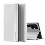 For Samsung Galaxy S22 Ultra 5G Side Electroplated Magnetic Ultra-Thin Horizontal Flip Leather Case with Holder(Silver)