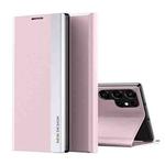 For Samsung Galaxy S22 Ultra 5G Side Electroplated Magnetic Ultra-Thin Horizontal Flip Leather Case with Holder(Pink)