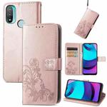 For Motorola Moto E20 Four-leaf Clasp Embossed Leather Case with Lanyard & Card Slot & Wallet & Holder(Rose Gold)