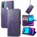 For Motorola Moto E20 Four-leaf Clasp Embossed Leather Case with Lanyard & Card Slot & Wallet & Holder(Purple)