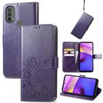 For Motorola Moto E40 Four-leaf Clasp Embossed Leather Case with Lanyard & Card Slot & Wallet & Holder(Purple)