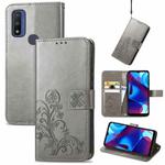 For Motorola Moto G Pure Four-leaf Clasp Embossed Leather Case with Lanyard & Card Slot & Wallet & Holder(Grey)