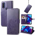 For Motorola Moto G Pure Four-leaf Clasp Embossed Leather Case with Lanyard & Card Slot & Wallet & Holder(Purple)