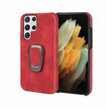 Ring Holder PU Phone Case For Samsung Galaxy S22 Ultra 5G(Red)