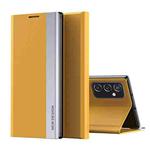 For Samsung Galaxy A73 5G Side Electroplated Magnetic Flip Leather Case with Holder(Yellow)