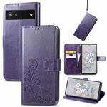 For Google Pixel 6a Four-leaf Clasp Embossed Buckle Leather Phone Case(Purple)