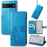 For Google Pixel 6a Four-leaf Clasp Embossed Buckle Leather Phone Case(Blue)