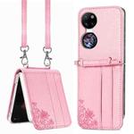For Huawei  P50 Pocket Diagonal Embossed Card Folding Phone Case(Pink)