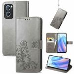 For OPPO Reno7 5G Four-leaf Clasp Embossed Buckle Leather Phone Case(Grey)