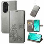 For Honor 60 Pro Four-leaf Clasp Embossed Buckle Leather Phone Case(Gray)