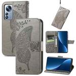 For Xiaomi 12 Pro Butterfly Love Flower Embossed Leather Phone Case(Gray)