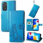 For Xiaomi Redmi Note 11S Four-leaf Clasp Embossed Buckle Leather Phone Case(Blue)