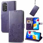 For Xiaomi Redmi Note 11S Four-leaf Clasp Embossed Buckle Leather Phone Case(Purple)