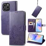 For Honor 60 SE Four-leaf Clasp Embossed Buckle Leather Phone Case(Purple)