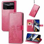 For Xiaomi Poco X4 Pro 5G Four-leaf Clasp Embossed Buckle Leather Phone Case(Magenta)