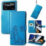 For Xiaomi Poco X4 Pro 5G Four-leaf Clasp Embossed Buckle Leather Phone Case(Blue)