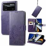 For Xiaomi Poco X4 Pro 5G Four-leaf Clasp Embossed Buckle Leather Phone Case(Purple)