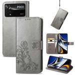 For Xiaomi Poco X4 Pro 5G Four-leaf Clasp Embossed Buckle Leather Phone Case(Gray)