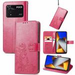 For Xiaomi Poco M4 Pro Four-leaf Clasp Embossed Buckle Leather Phone Case(Magenta)