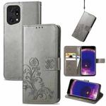 For OPPO Find X5 Four-leaf Clasp Embossed Buckle Leather Phone Case(Gray)