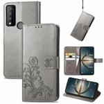 For TCL 30 V 5G Four-leaf Clasp Embossed Buckle Leather Phone Case(Gray)