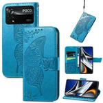 For Xiaomi Poco X4 Pro 5G Butterfly Love Flower Embossed Leather Phone Case(Blue)