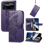 For Xiaomi Poco X4 Pro 5G Butterfly Love Flower Embossed Leather Phone Case(Dark Purple)