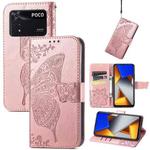 For Xiaomi Poco M4 Pro Butterfly Love Flower Embossed Leather Phone Case(Rose Gold)