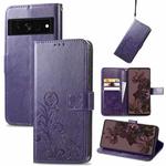 For Google Pixel 7 Pro 5G Four-leaf Clasp Embossed Buckle Leather Phone Case(Purple)